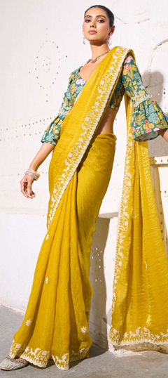 Yellow color Saree in Tissue fabric with Embroidered, Sequence, Thread work