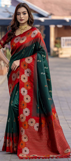 Green, Red and Maroon color Saree in Silk fabric with Weaving work