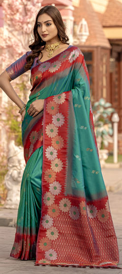 Green, Red and Maroon color Saree in Silk fabric with Weaving work