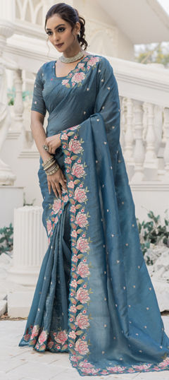 Blue color Saree in Crushed Silk fabric with Embroidered, Resham, Thread work