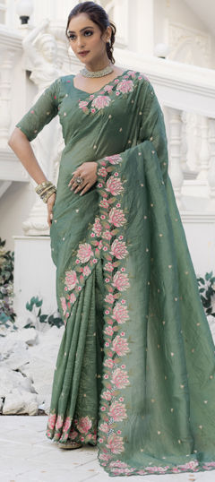 Green color Saree in Crushed Silk fabric with Embroidered, Resham, Thread work