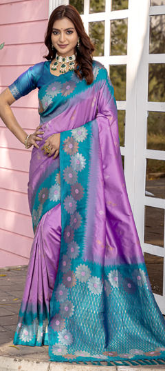 Blue, Purple and Violet color Saree in Silk fabric with Weaving work