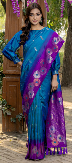 Blue, Purple and Violet color Saree in Silk fabric with Weaving work