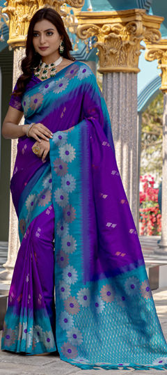 Blue, Purple and Violet color Saree in Silk fabric with Weaving work