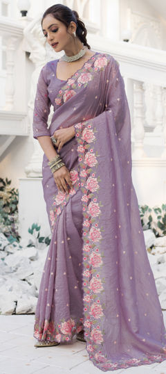 Purple and Violet color Saree in Crushed Silk fabric with Embroidered, Resham, Thread work