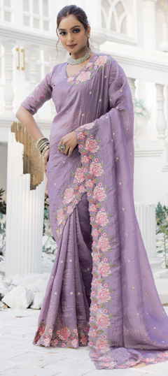 Purple and Violet color Saree in Crushed Silk fabric with Embroidered, Resham, Thread work