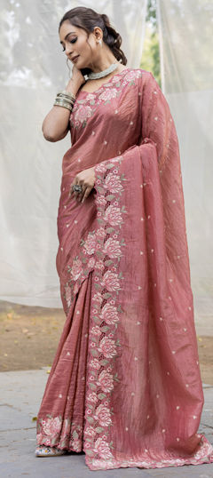 Pink and Majenta color Saree in Crushed Silk fabric with Embroidered, Resham, Thread work