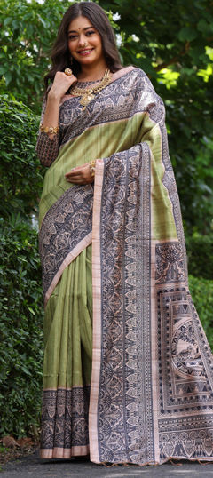 Black and Grey, Green color Saree in Tussar Silk fabric with Printed work