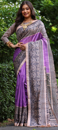 Black and Grey, Pink and Majenta color Saree in Tussar Silk fabric with Printed work