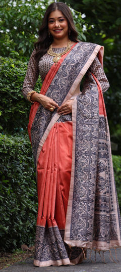 Black and Grey, Red and Maroon color Saree in Tussar Silk fabric with Printed work