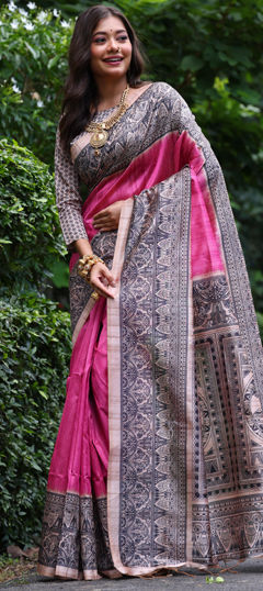 Pink and Majenta color Saree in Tussar Silk fabric with Printed work