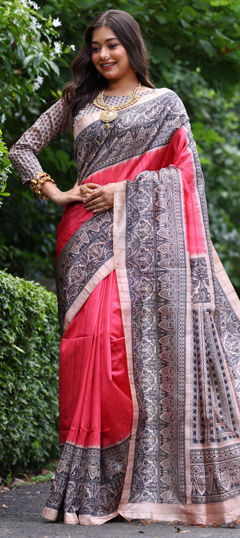 Black and Grey, Red and Maroon color Saree in Tussar Silk fabric with Printed work