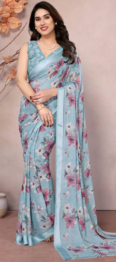 Blue color Saree in Faux Georgette fabric with Floral, Printed work