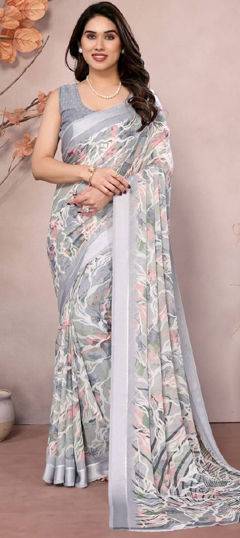 Black and Grey color Saree in Faux Georgette fabric with Printed work