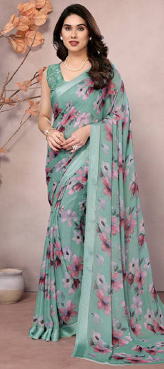 Green color Saree in Faux Georgette fabric with Floral, Printed work