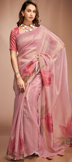 Pink and Majenta color Saree in Tissue fabric with Floral, Printed work