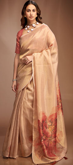 Beige and Brown color Saree in Tissue fabric with Floral, Printed work