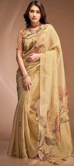 Yellow color Saree in Tissue fabric with Floral, Printed work