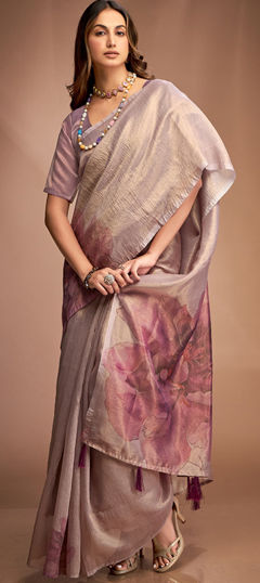 Pink and Majenta color Saree in Tissue fabric with Floral, Printed work