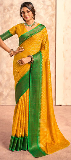 Yellow color Saree in Art Silk fabric with Foil Print, Weaving work