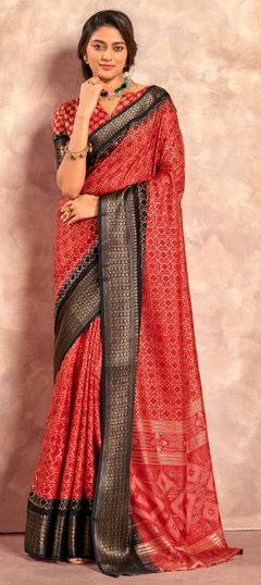 Red and Maroon color Saree in Art Silk fabric with Foil Print, Weaving work