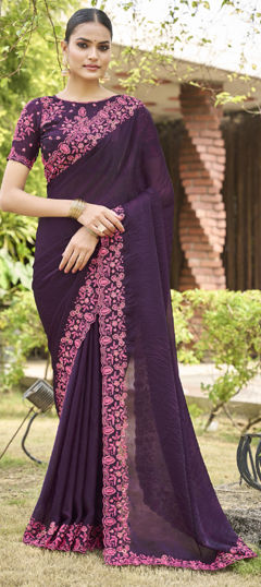 Purple and Violet color Saree in Shimmer fabric with Embroidered, Resham, Sequence, Thread work