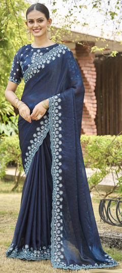 Blue color Saree in Shimmer fabric with Embroidered, Resham, Sequence, Thread work