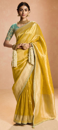 Gold color Saree in Tissue fabric with Sequence, Thread, Weaving, Zari work