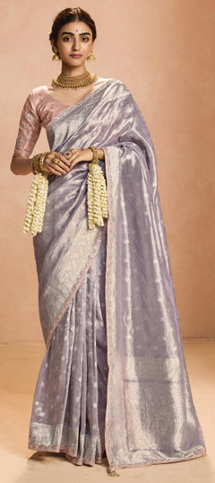 Purple and Violet color Saree in Tissue fabric with Sequence, Thread, Weaving, Zari work