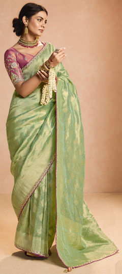 Green color Saree in Tissue fabric with Sequence, Thread, Weaving, Zari work