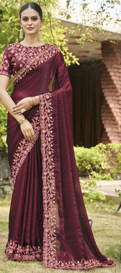 Red and Maroon color Saree in Shimmer fabric with Embroidered, Resham, Sequence, Thread work