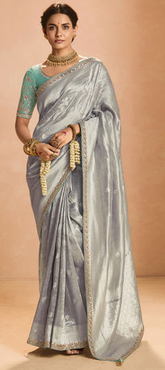 Black and Grey color Saree in Tissue fabric with Sequence, Thread, Weaving, Zari work