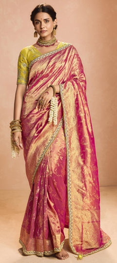 Pink and Majenta color Saree in Tissue fabric with Sequence, Thread, Weaving, Zari work