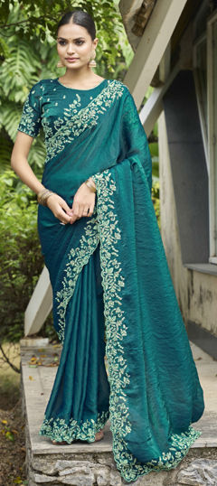 Blue color Saree in Shimmer fabric with Embroidered, Resham, Sequence, Thread work