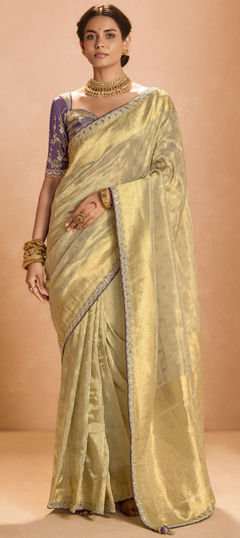 Gold color Saree in Tissue fabric with Sequence, Thread, Weaving, Zari work