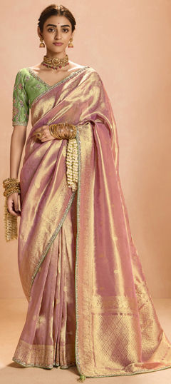 Pink and Majenta color Saree in Tissue fabric with Sequence, Thread, Weaving, Zari work