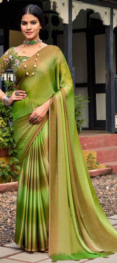 Green color Saree in Chiffon fabric with Printed, Sequence work