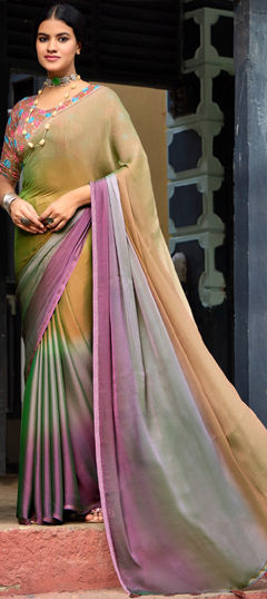 Beige and Brown color Saree in Chiffon fabric with Printed, Sequence work