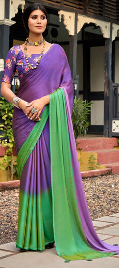 Purple and Violet color Saree in Chiffon fabric with Printed, Sequence work