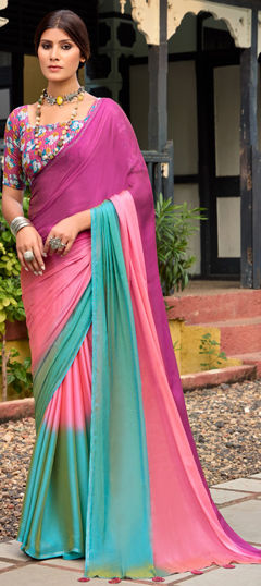 Pink and Majenta color Saree in Chiffon fabric with Printed, Sequence work