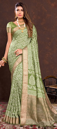 Green color Saree in Viscose fabric with Printed, Weaving work