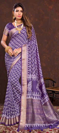 Purple and Violet color Saree in Viscose fabric with Printed, Weaving work