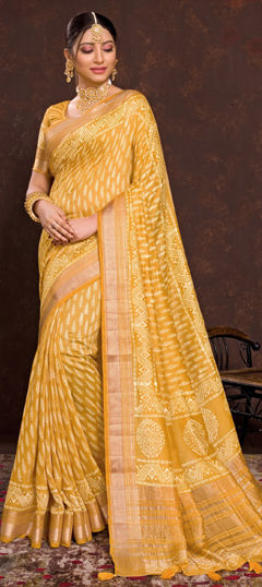 Yellow color Saree in Viscose fabric with Printed, Weaving work