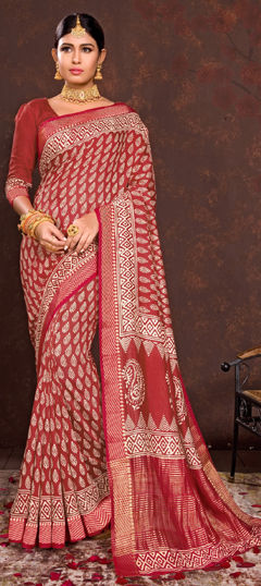 Red and Maroon color Saree in Viscose fabric with Printed, Weaving work