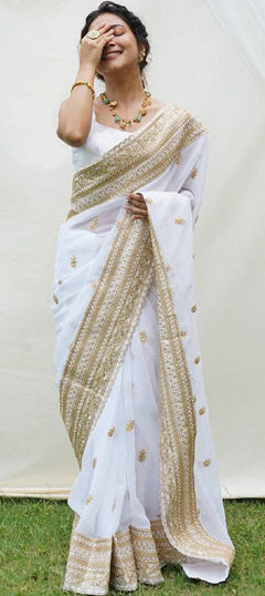 White and Off White color Saree in Georgette fabric with Embroidered, Sequence, Thread, Zari work