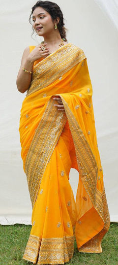 Yellow color Saree in Georgette fabric with Embroidered, Sequence, Thread, Zari work