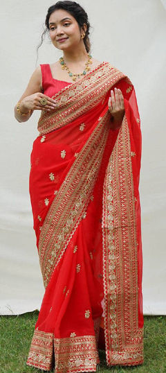 Red and Maroon color Saree in Georgette fabric with Embroidered, Sequence, Thread, Zari work