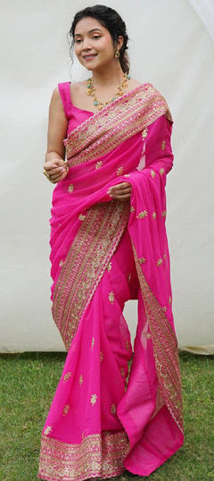 Pink and Majenta color Saree in Georgette fabric with Embroidered, Sequence, Thread, Zari work