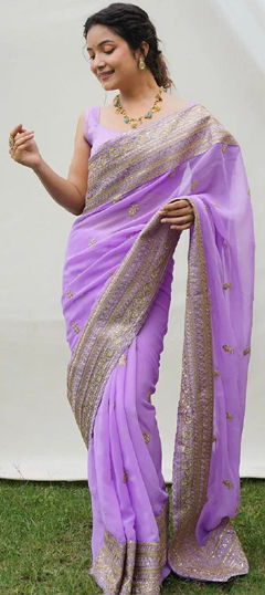 Purple and Violet color Saree in Georgette fabric with Embroidered, Sequence, Thread, Zari work