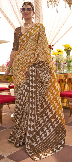 Beige and Brown, Yellow color Saree in Art Silk fabric with Printed work